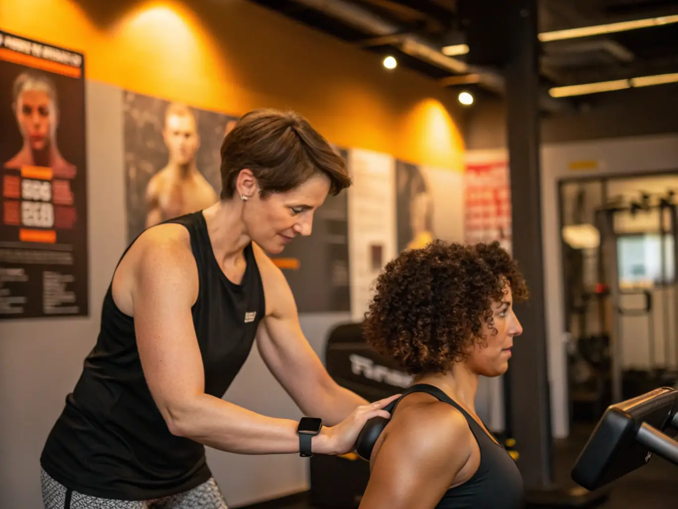 A personal trainer attentively guiding a client through a stretching exercise in their living room, emphasizing the one-on-one personalized attention.