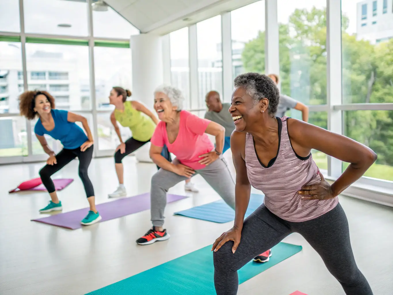 A group of adults participating in a fitness class in a community center, showcasing group support and a sense of community, representing the Group Fitness Classes.