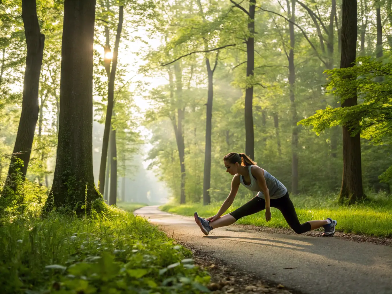 A person doing stretching exercises in a park, with a focus on flexibility and joint health, representing the Joint Mobility Program.