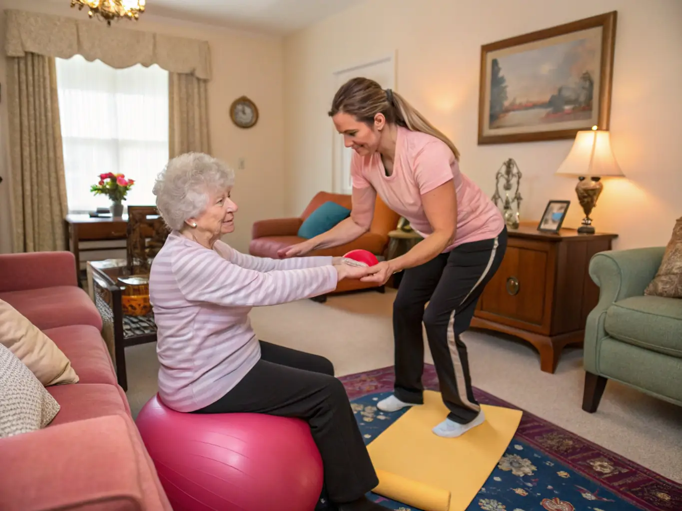 A trainer demonstrating exercises with a client in a cozy living room setting, showcasing personalized attention and a friendly atmosphere, representing the Personalized In-Home Training program.