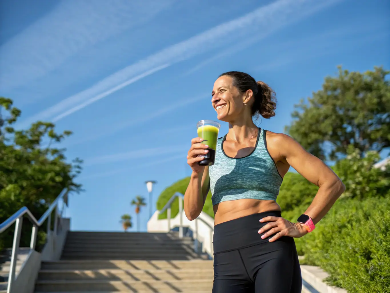 A client smiling and looking energized after a workout session at home, showcasing the positive results and improved well-being.
